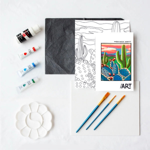 A picture of what is included in the Time For Art Blue Prickly Pear Painting Kit. The DIY Kit comes with 4 paints, a palette, the outline, brushes, canvas and more!