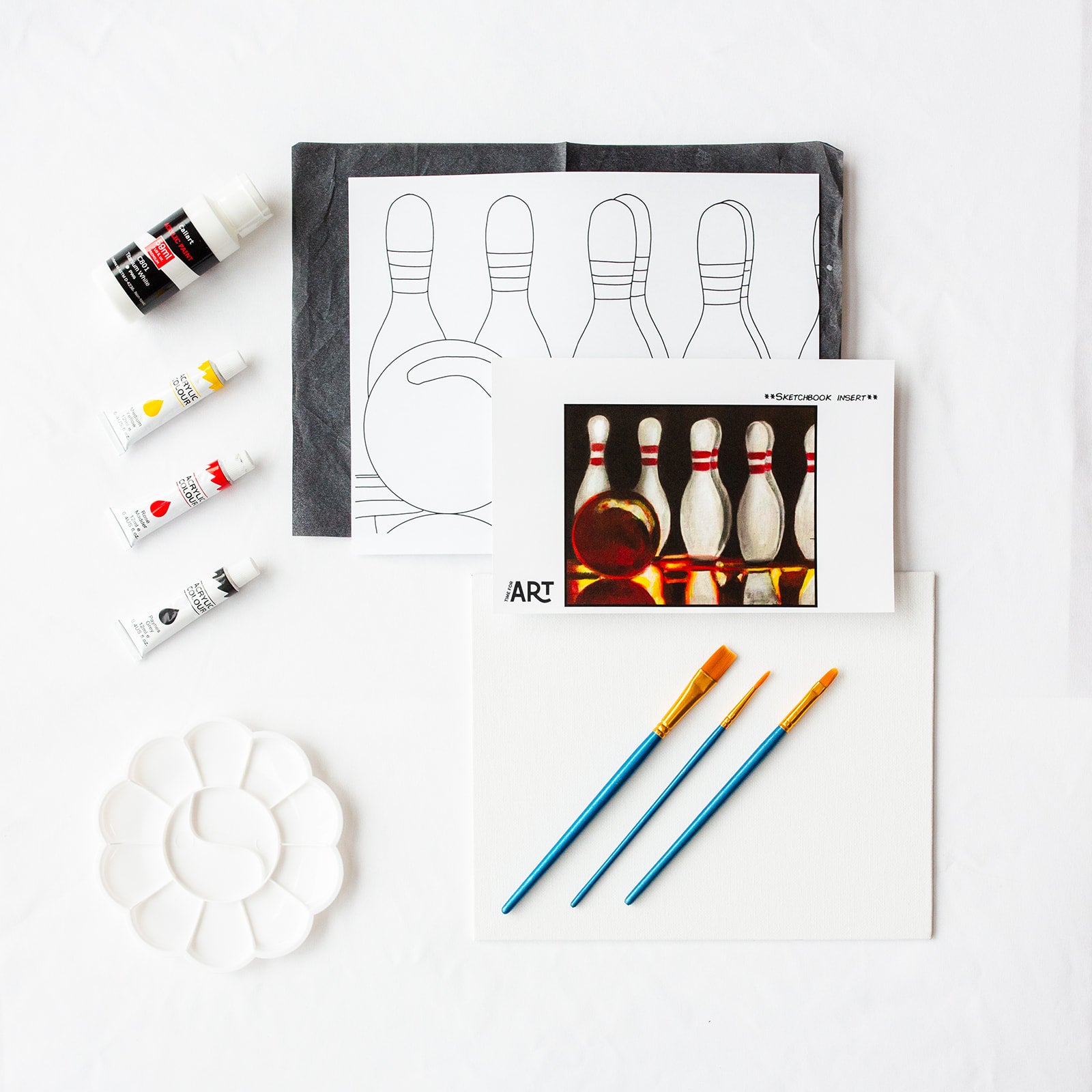 A picture of what is included in the Time For Art Spare-Time Bowling Painting Kit. The DIY Kit comes with 4 paints, a palette, the outline, brushes, canvas and more! 
