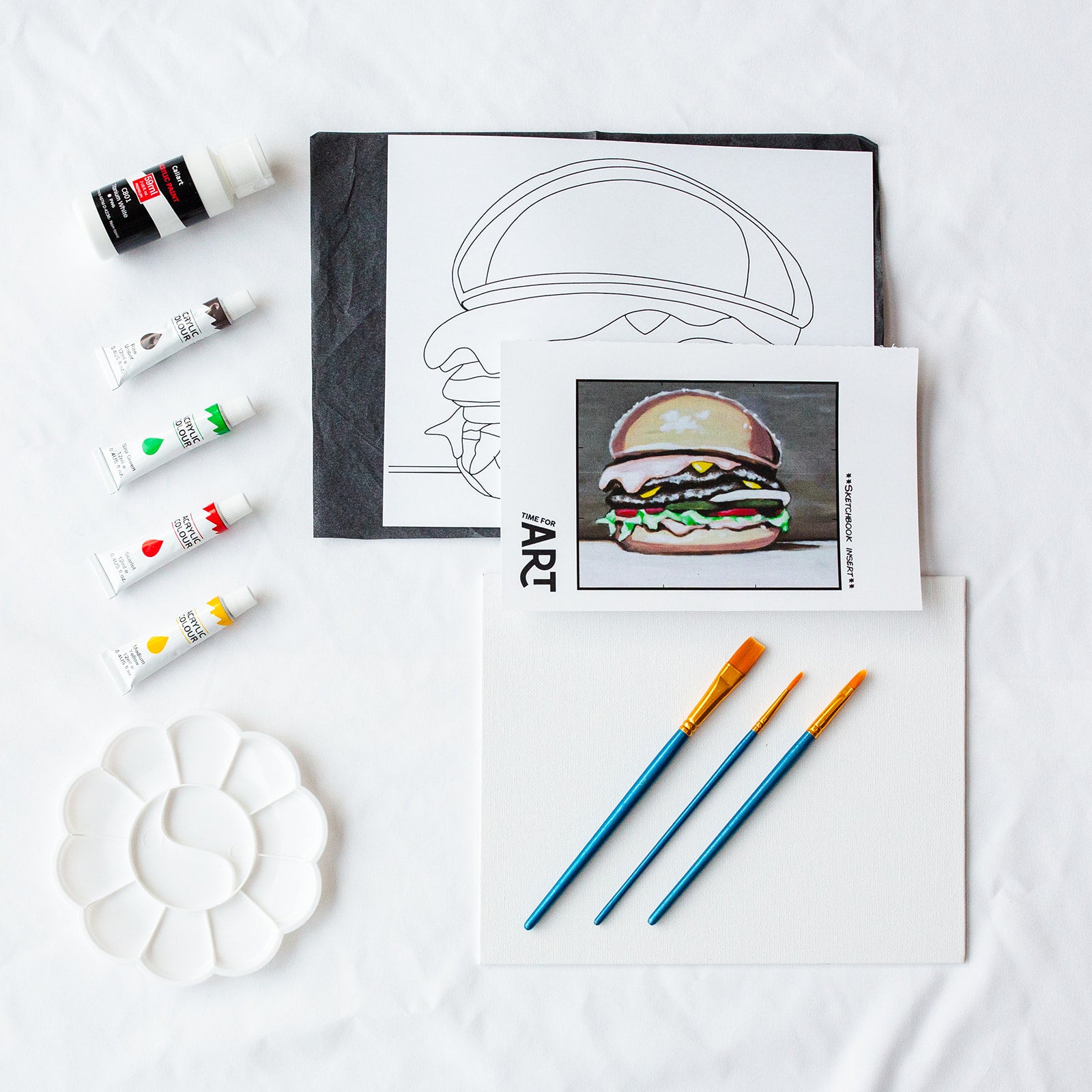 A picture of what is included in the Time For Art You Had Me At Burger Kit. The DIY Kit comes with 5 paints, a palette, the outline, brushes, canvas and more! 
