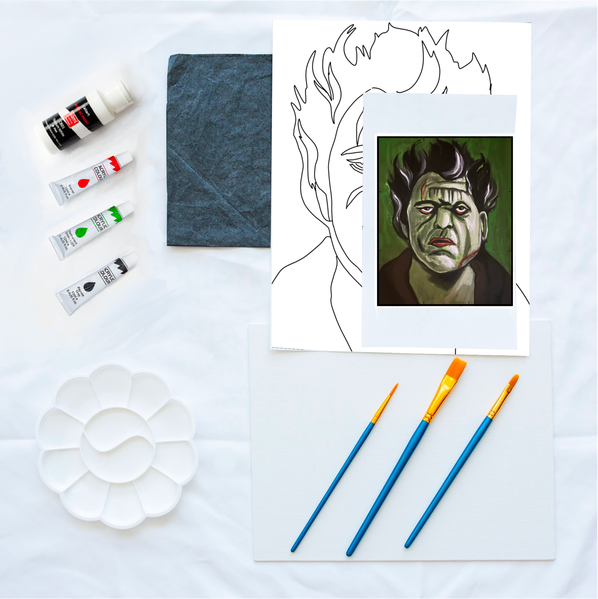 inlcuded are paints, paint brushes, canvas panel, paint palette, graphite paper, outline, reference card