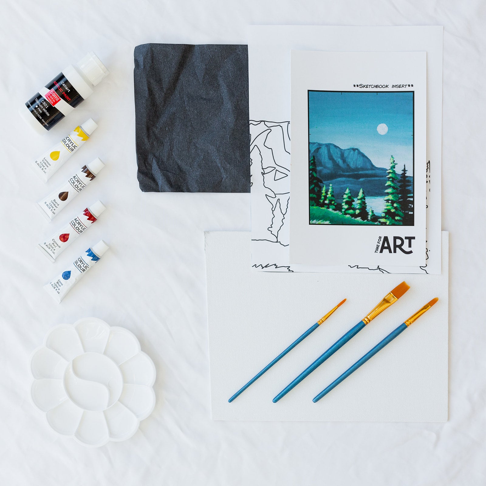 A picture of what is included in the Time For Art Moon River Kit. The DIY Kit comes with 5 paints, a palette, the outline, brushes, canvas and more! 