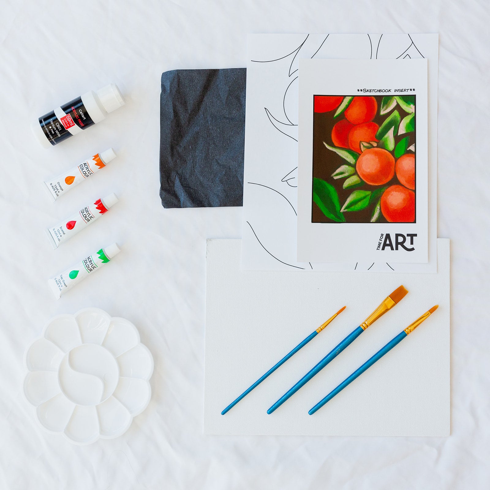 A picture of what is included in the Time For Art Orange Tree Painting Kit. The DIY Kit comes with 4 paints, a palette, the outline, brushes, canvas and more! 