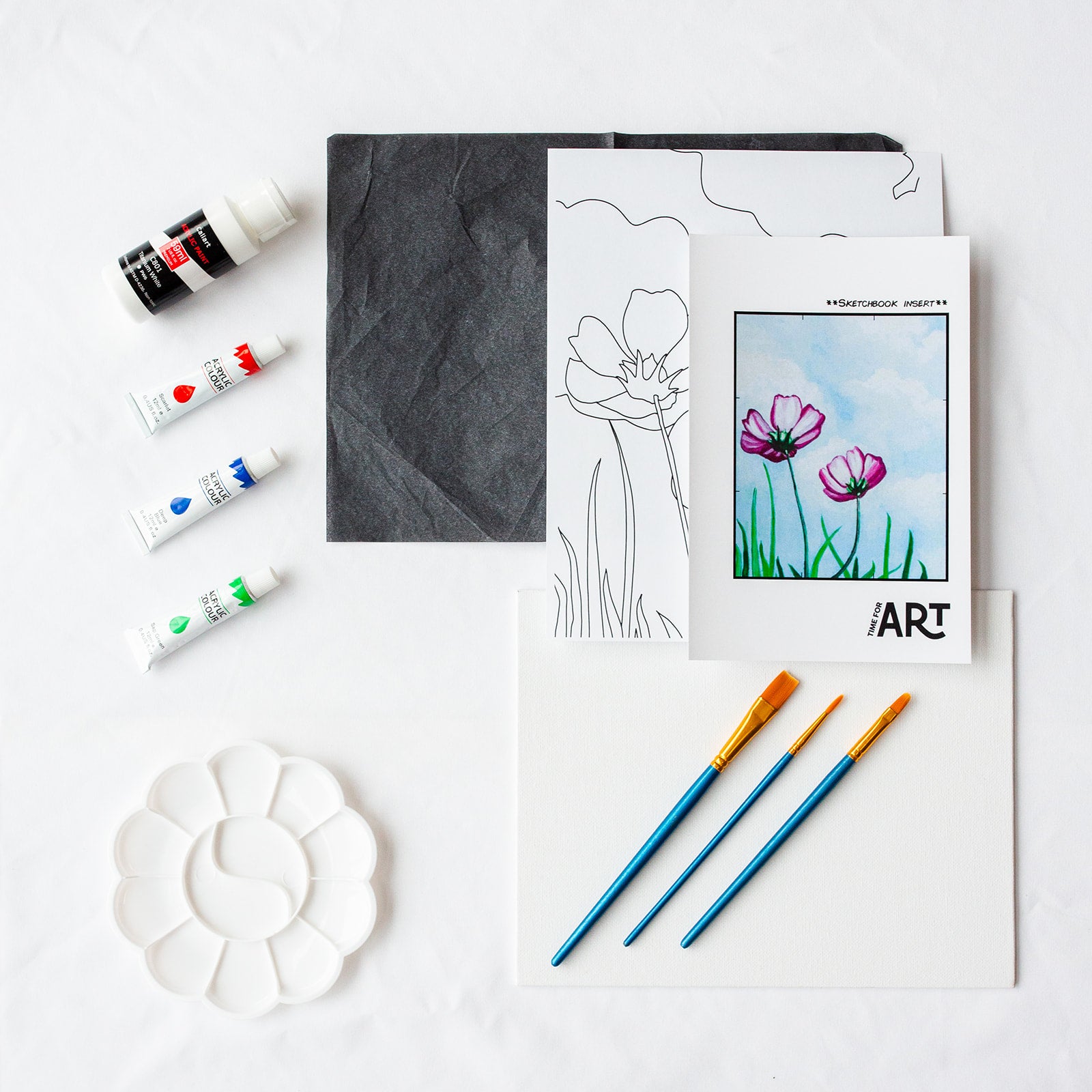 A picture of what is included in the Time For Art Spring Flowers Painting Kit. The DIY Kit comes with 4 paints, a palette, the outline, brushes, canvas and more! 