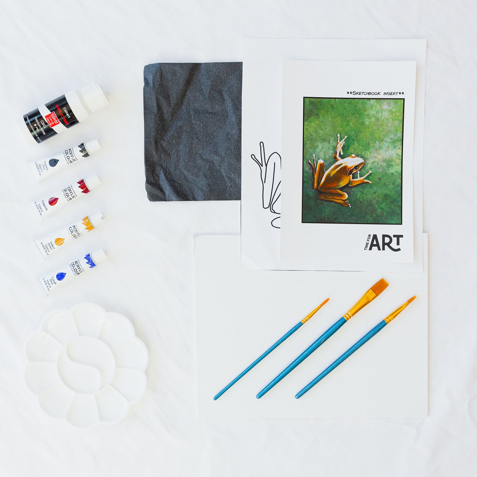 A picture of what is included in the Time For Art Tree Frog Kit. The DIY Kit comes with 5 paints, a palette, the outline, brushes, canvas and more! 