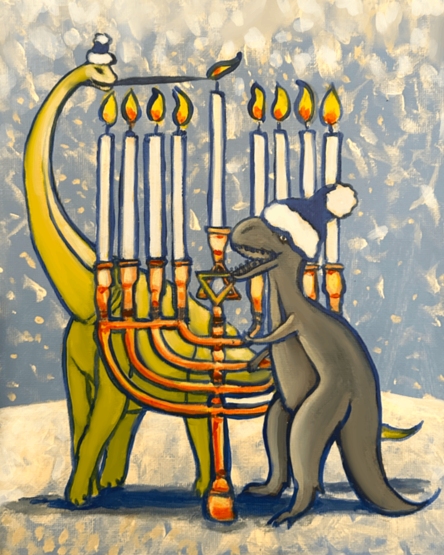 Dinosaur Hanukkah Painting on canvas - two dinosaurs (brontosaurus and t-rex) dressed with blue winter hats lighting a giant menorah