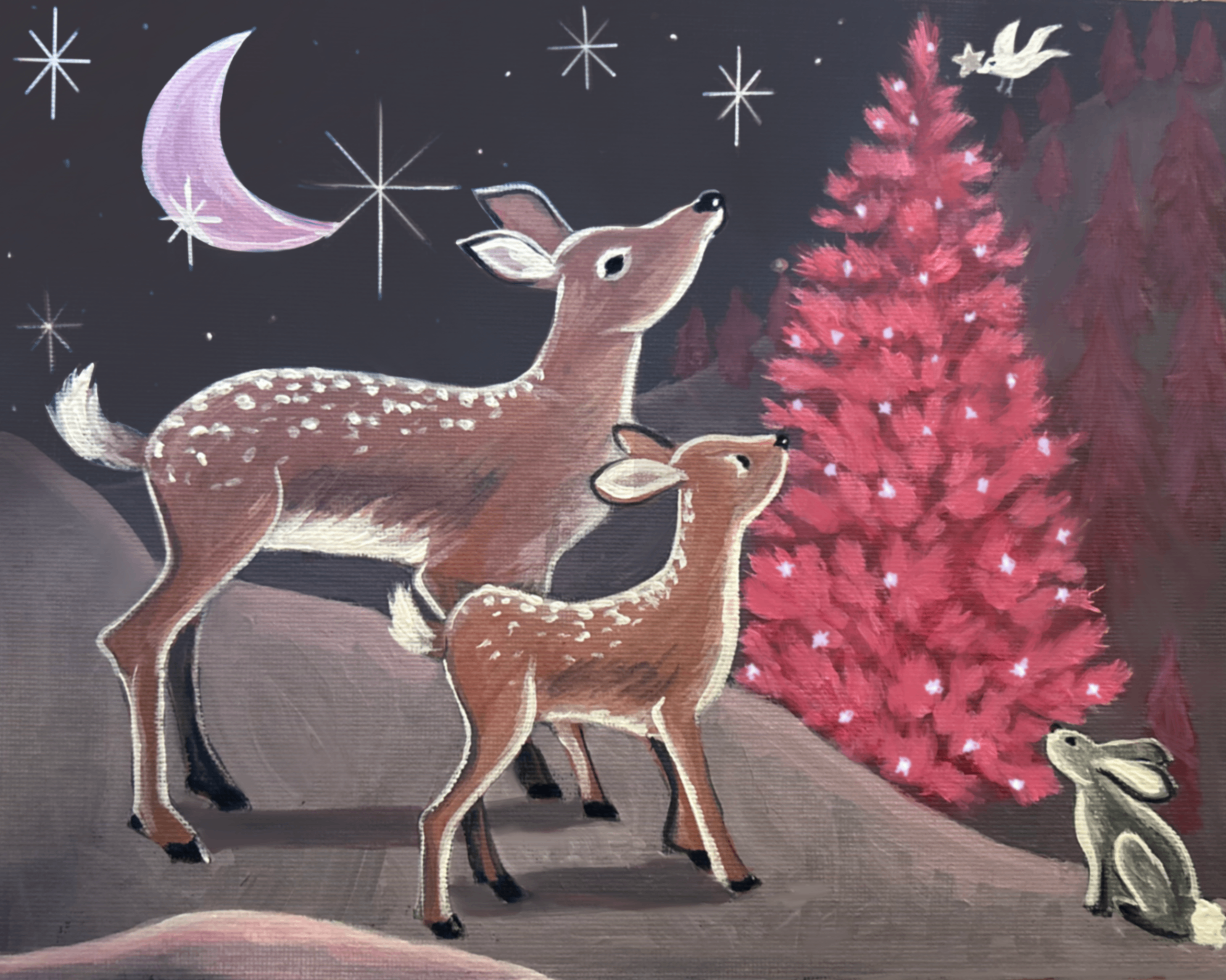 Silent Night painting on canvas featuring 2 deer and a rabbit alongside a red Christmas tree and night sky