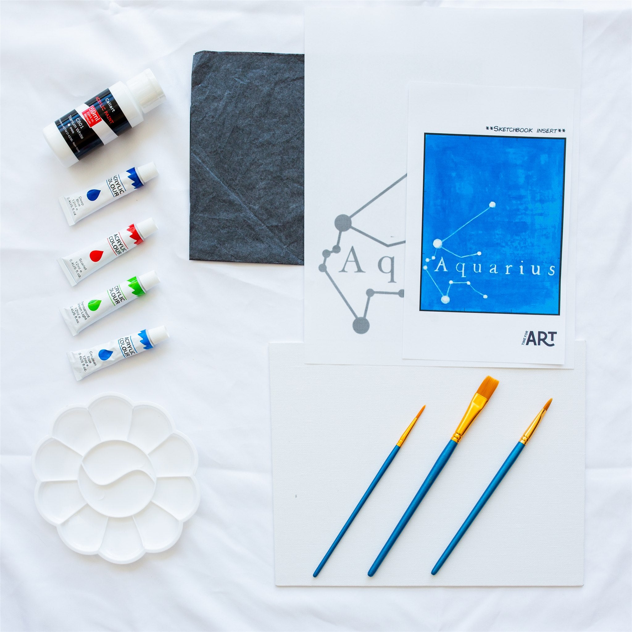 Whats included in the Aquarius Horoscope painting kit. 4 acrylic paints, painters pallet, brushes, canvas panel, traceable outline, and reference image.