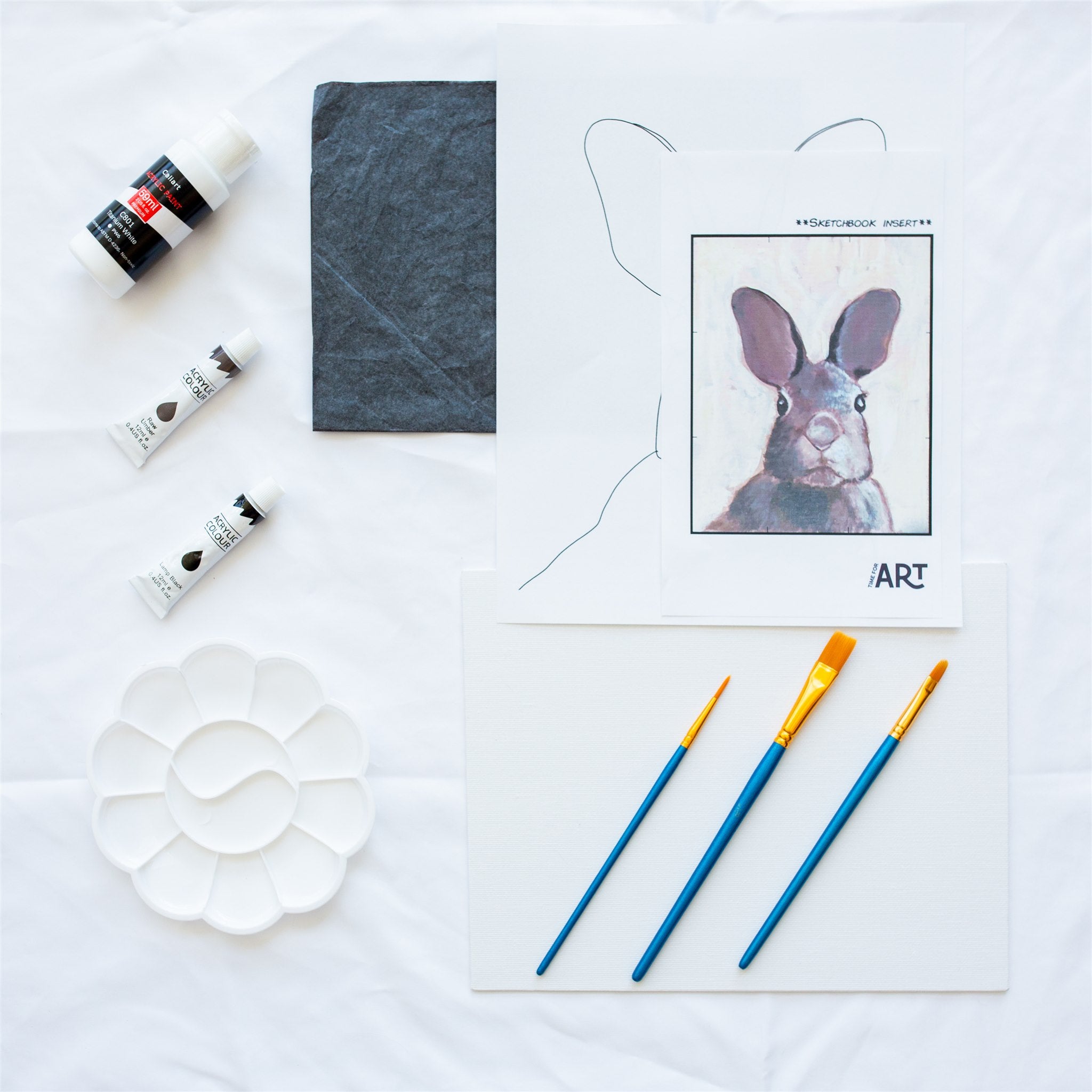 Whats included in the baby bunny painting kit. 4 acrylic paints, painters pallet, brushes, canvas panel, traceable outline, and reference image.