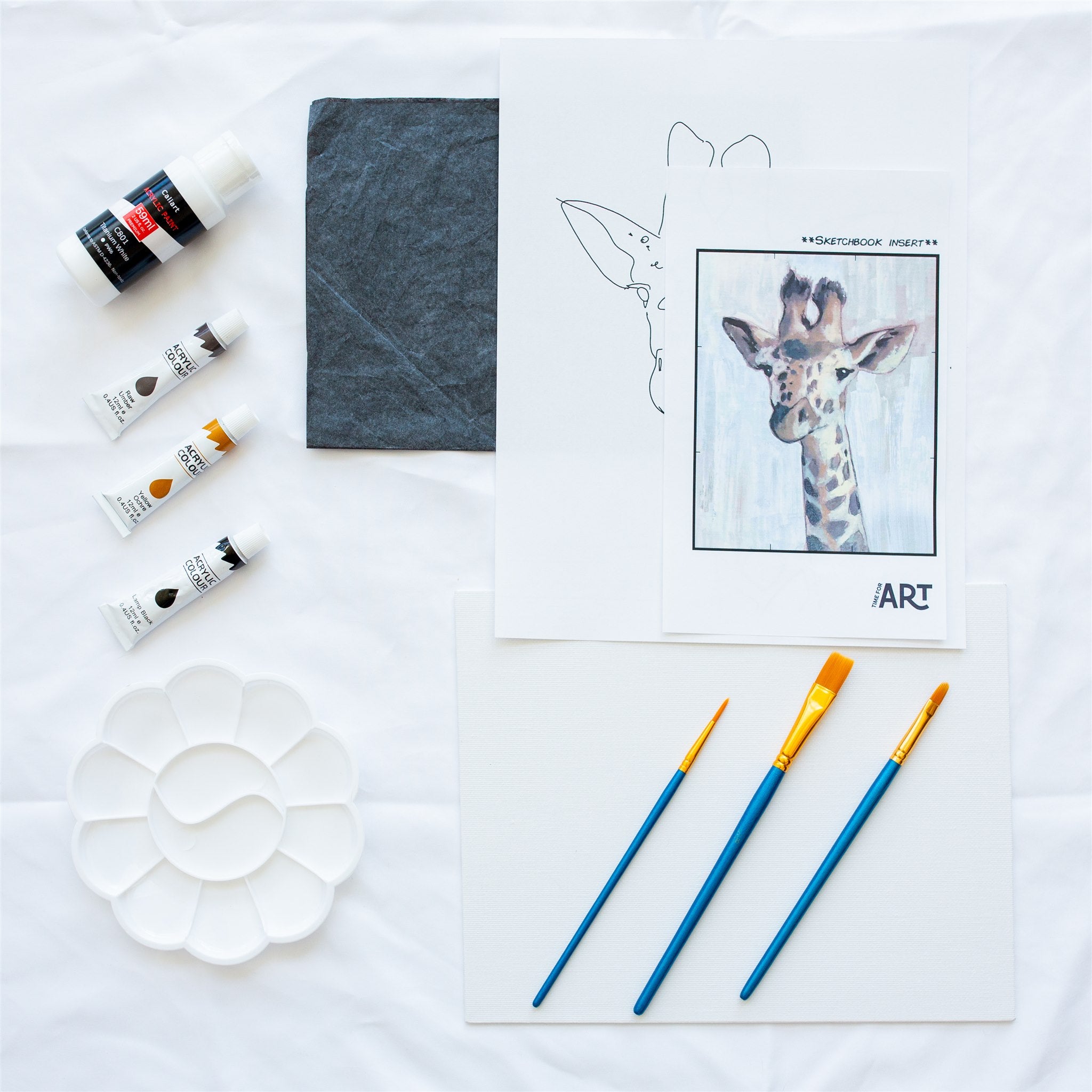 Whats included in the baby giraffe painting kit. 4 acrylic paints, painters pallet, brushes, canvas panel, traceable outline, and reference image.
