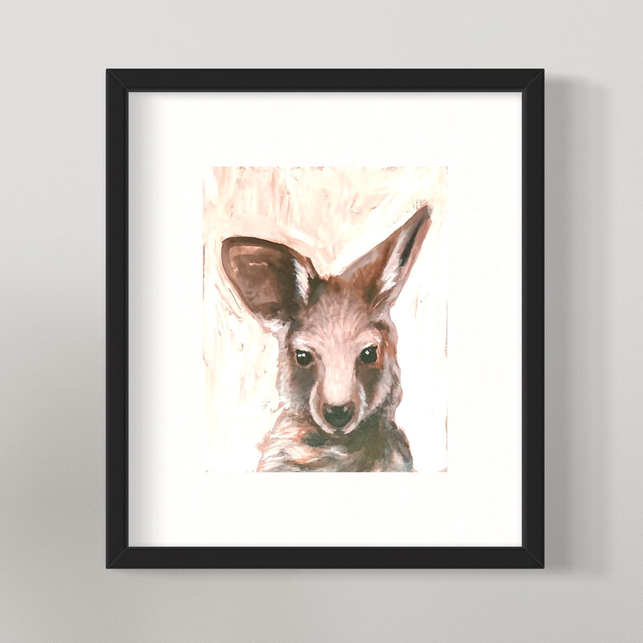 Framed canvas of baby kangaroo painting.