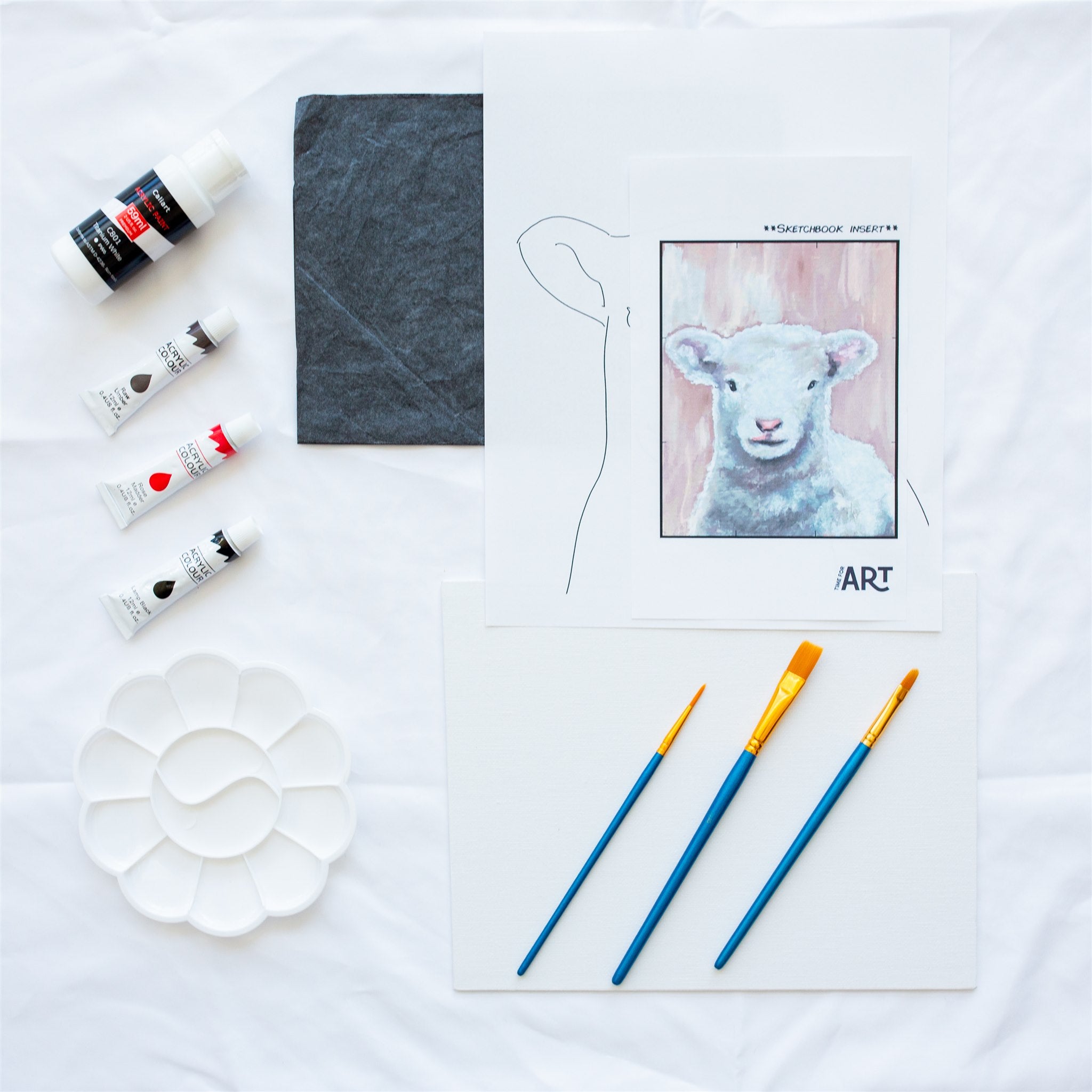 Whats includeWhats included in the baby sheep painting kit. 4 acrylic paints, painters pallet, brushes, canvas panel, traceable outline, and reference image.