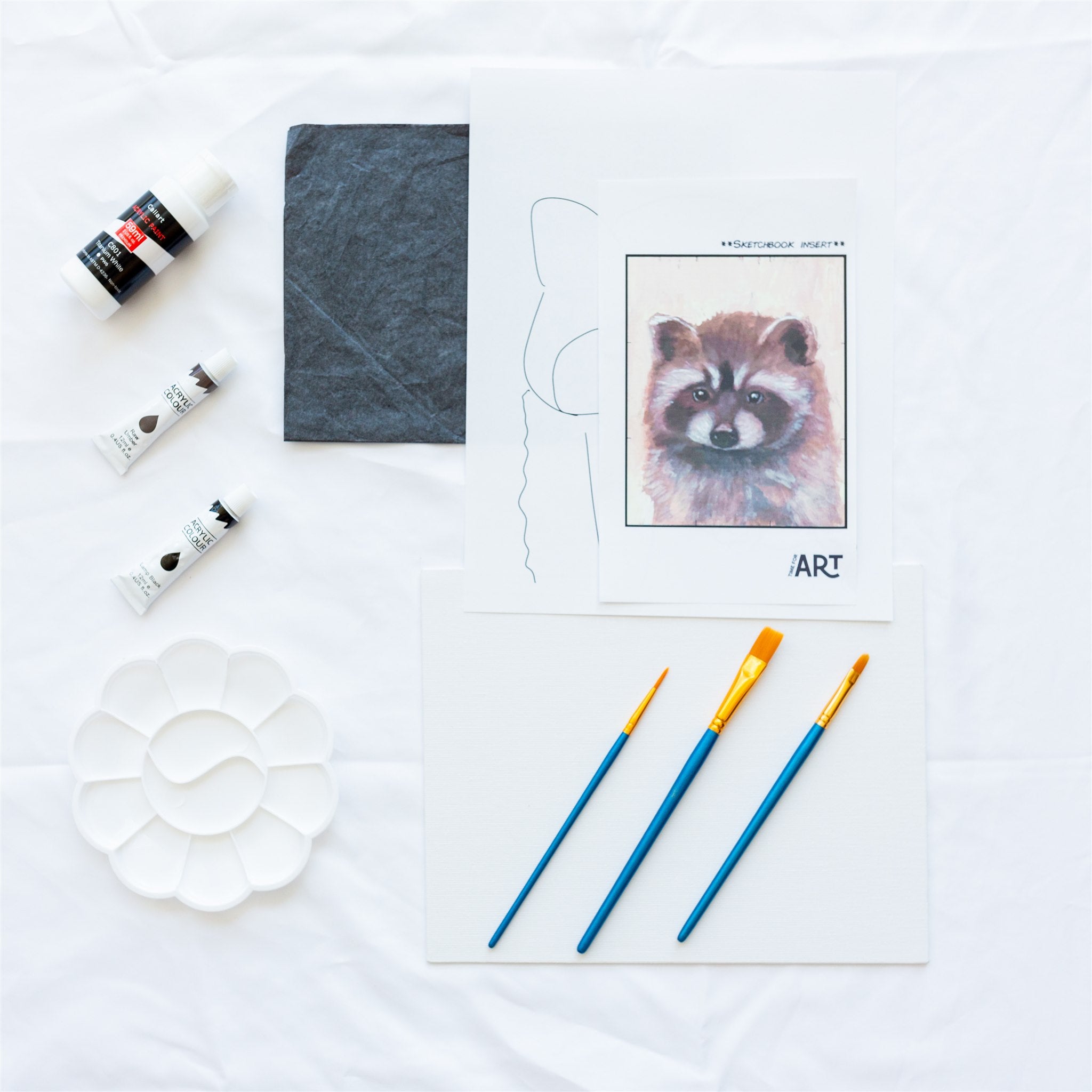 Whats included in the Baby Raccoon painting kit. 4 acrylic paints, painters pallet, brushes, canvas panel, traceable outline, and reference image.