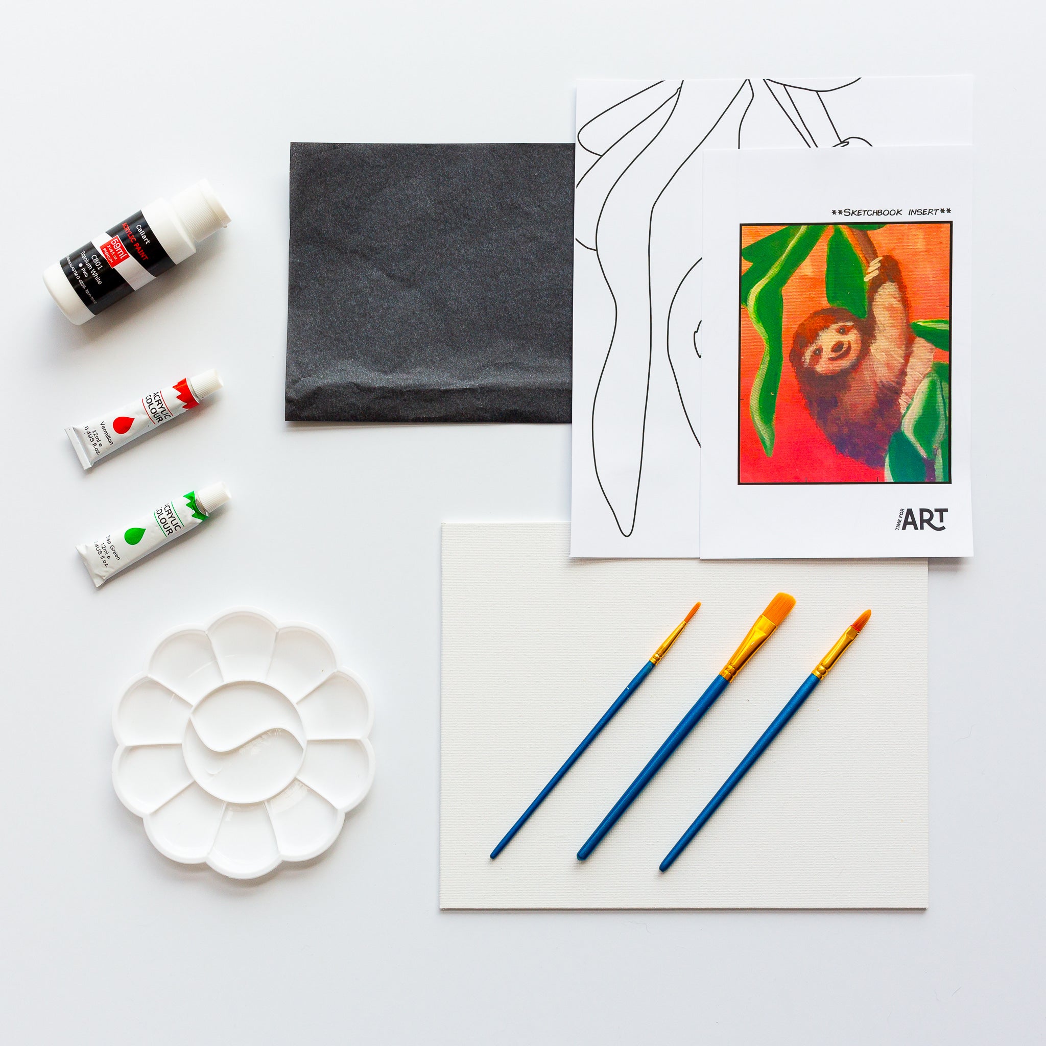 Whats included in the baby sloth painting kit. 3 acrylic paints, painters pallet, brushes, canvas panel, traceable outline, and reference image.