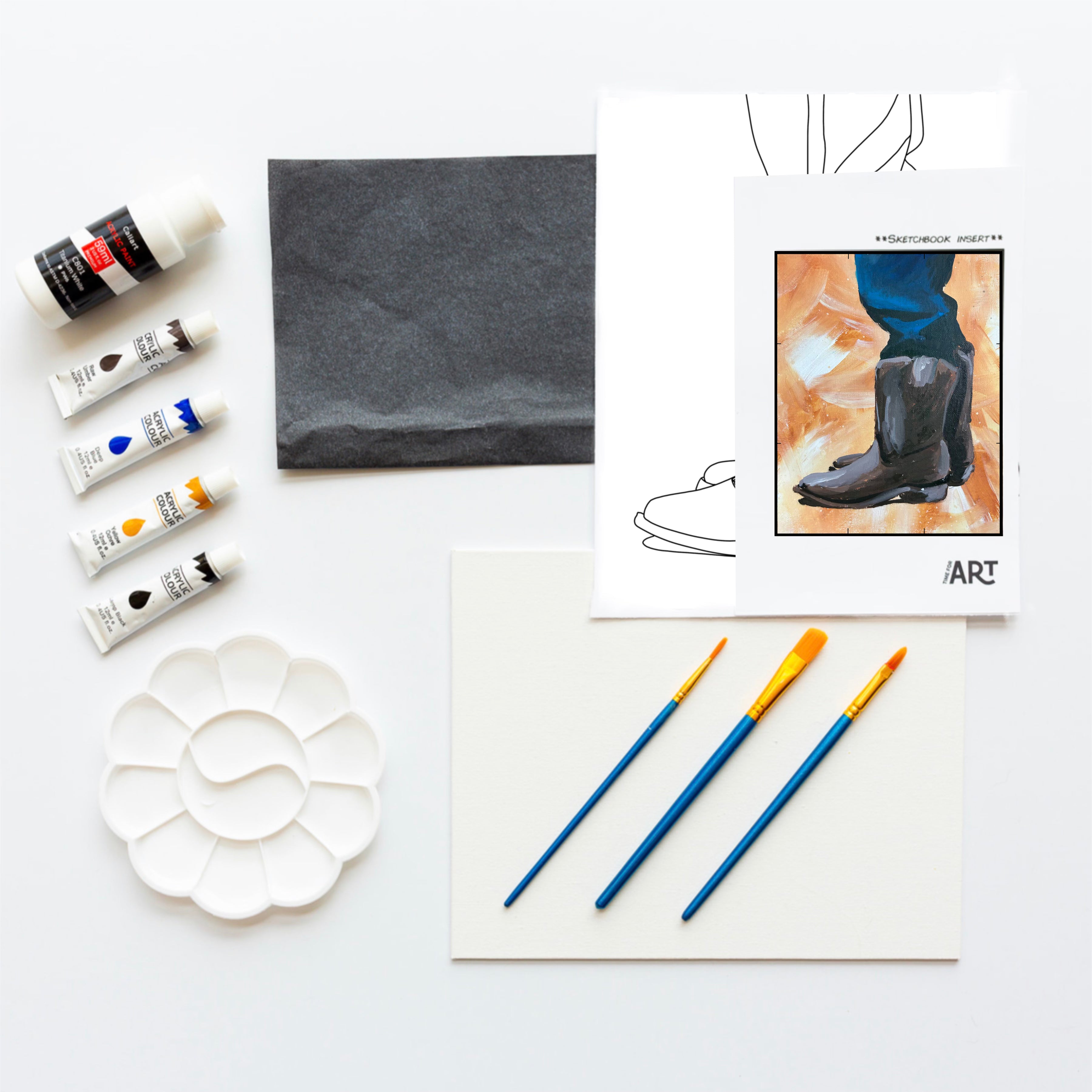 Whats included in the Cowboy Boots Painting Kit. 5 acrylic paints, painters pallet, brushes, canvas panel, traceable outline, and reference image.
