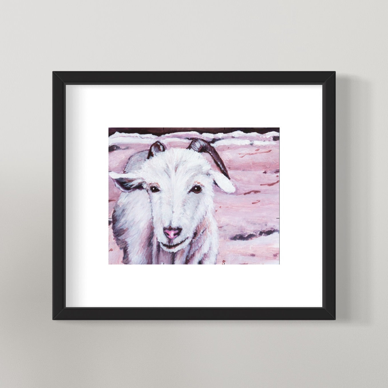 photo of framed winter goat painting 