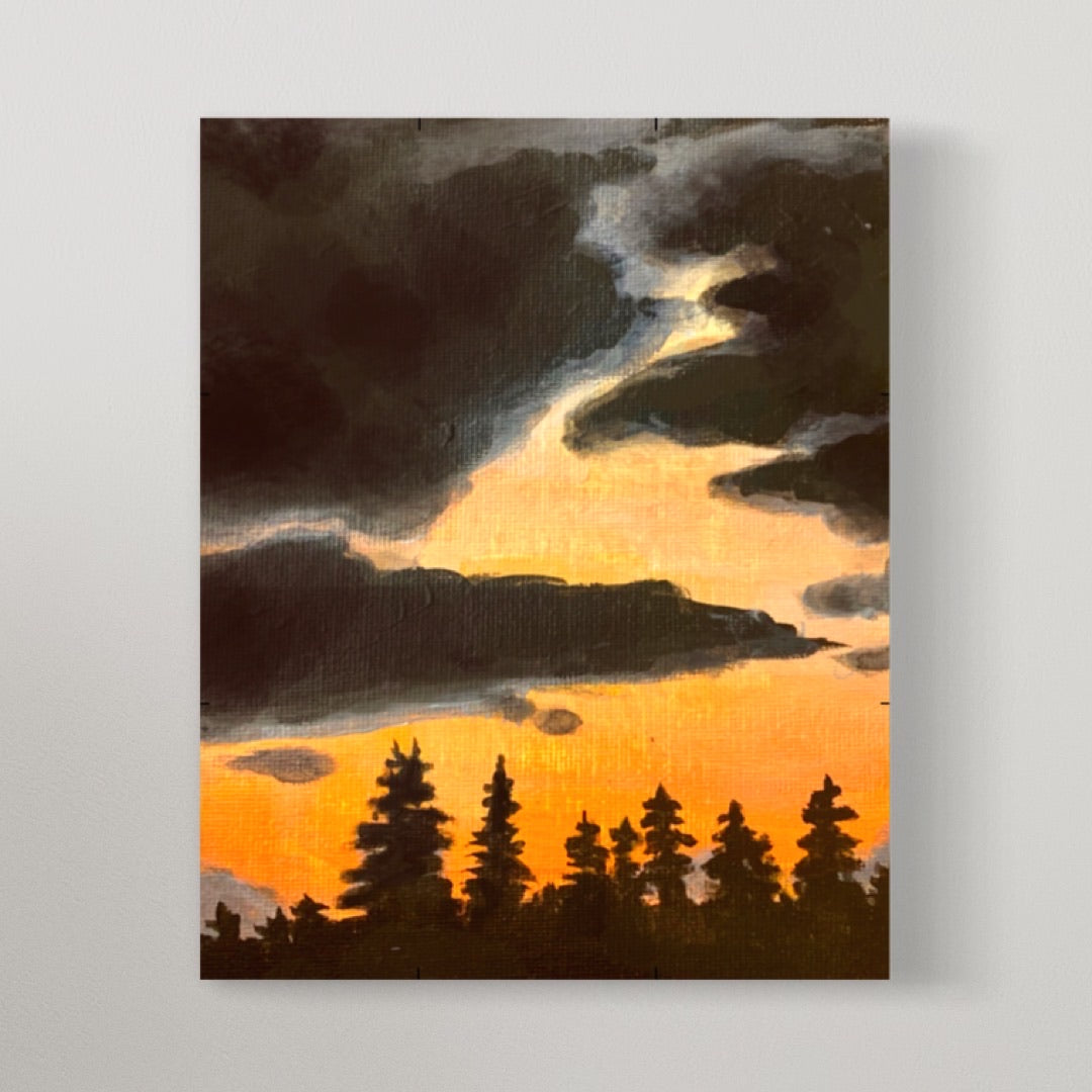 golden sunset and forest painting on canvas