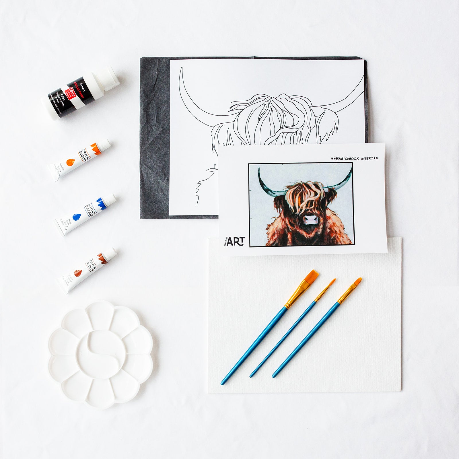A picture of what is included in the Time For Art Highland Cow Painting Kit. The DIY Kit comes with 4 paints, a palette, the outline, brushes, canvas and more! 