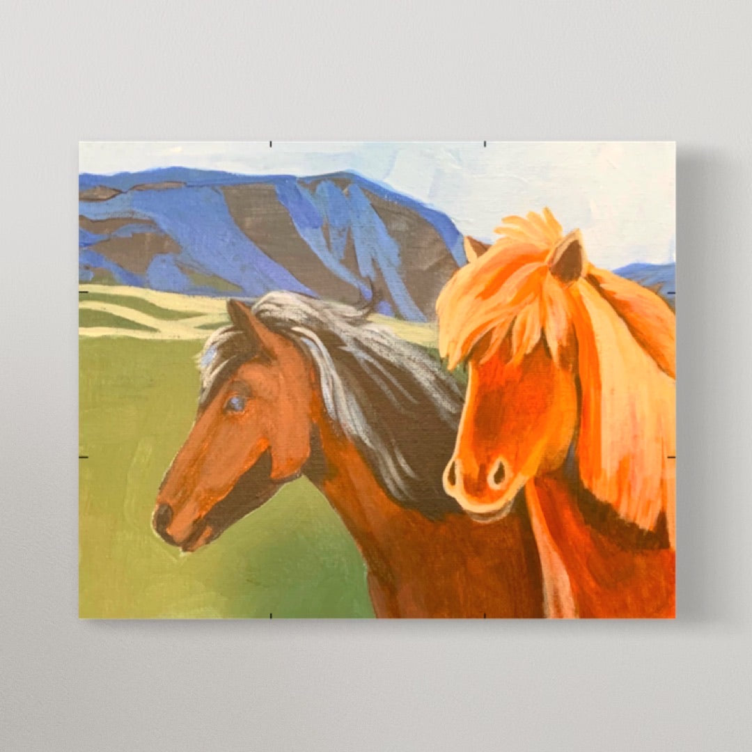A DIY At-Home Painting Kit of two wild horses in a valley. The beautiful mountain is in the background. The colors are bright and vibrant.