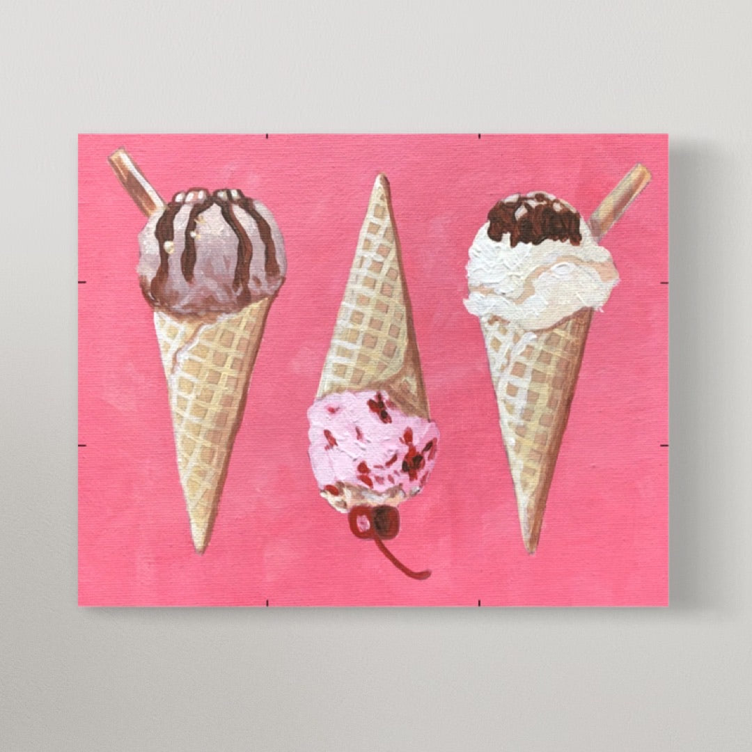 painting on canvas of 3 ice cream cones, one upside down in the middle, on a pink background