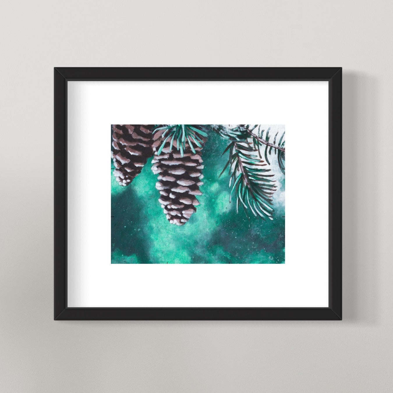 framed photo of winter pinecone painting