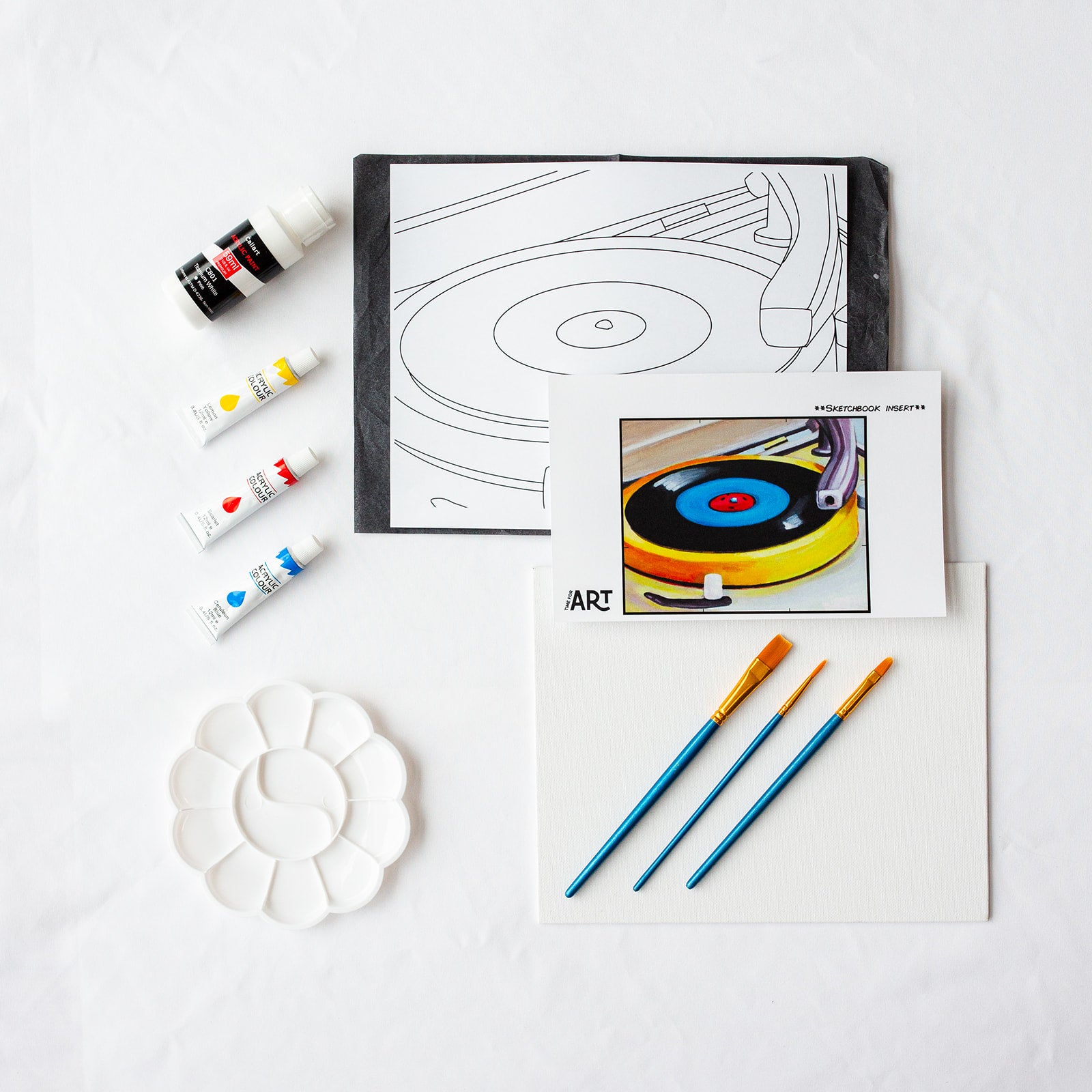A picture of what is included in the Time For Art DJ Play My Song Painting Kit. The DIY Kit comes with 4 paints, a palette, the outline, brushes, canvas and more! 