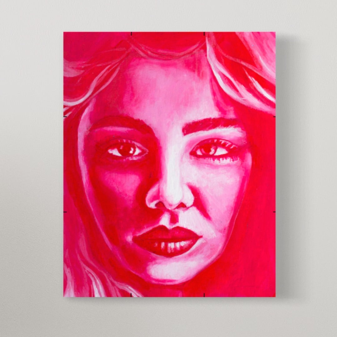 female face portrait in red painting on canvas
