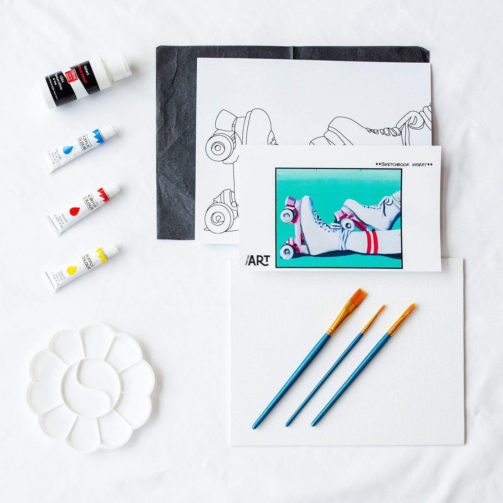 A picture of what is included in the Time For Art Retro Glide Rollerblading Painting Kit. The DIY Kit comes with 4 paints, a palette, the outline, brushes, canvas and more! 