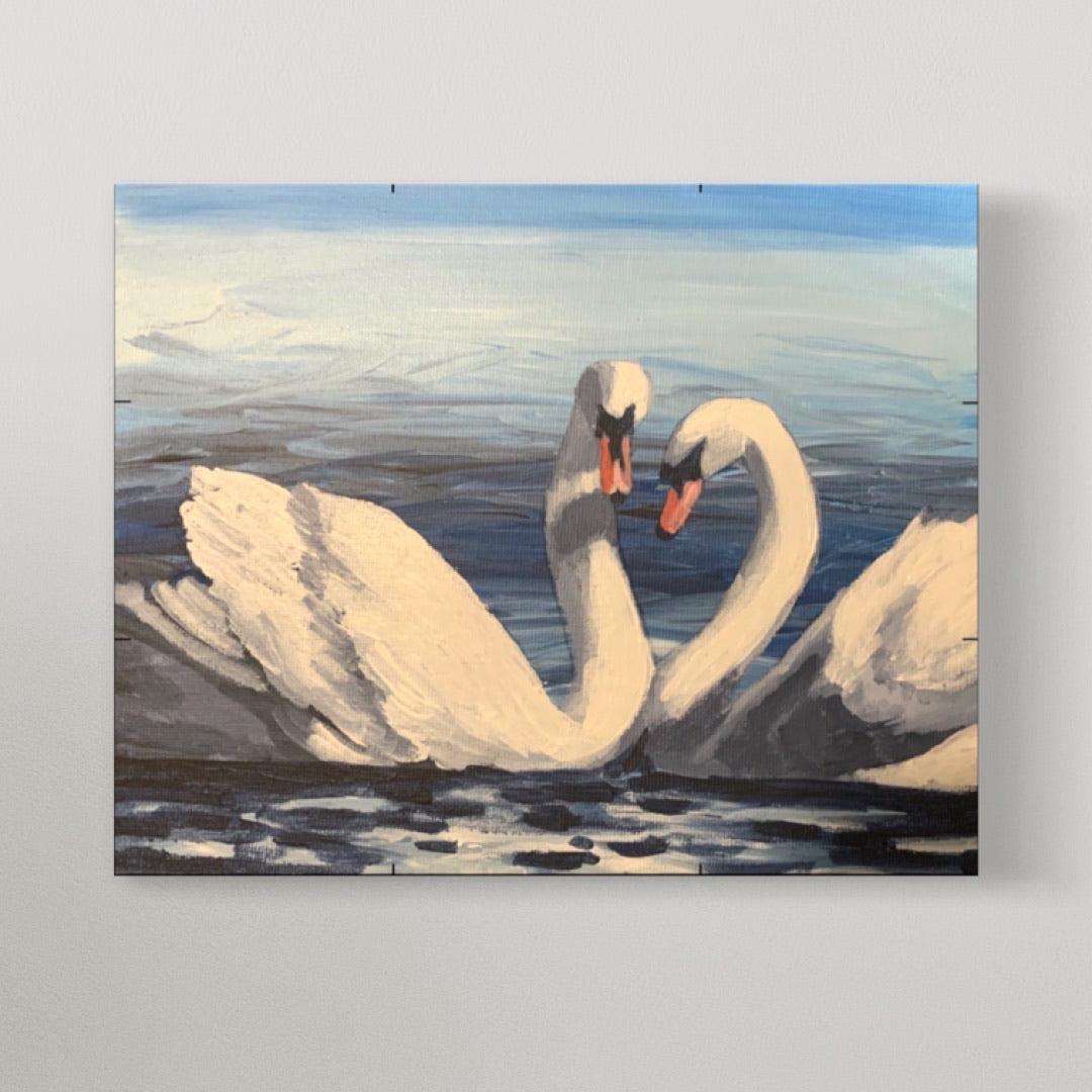 Swan Love Painting on canvas featuring two swans swimming in water next to each other with necks somewhat heart shaped together