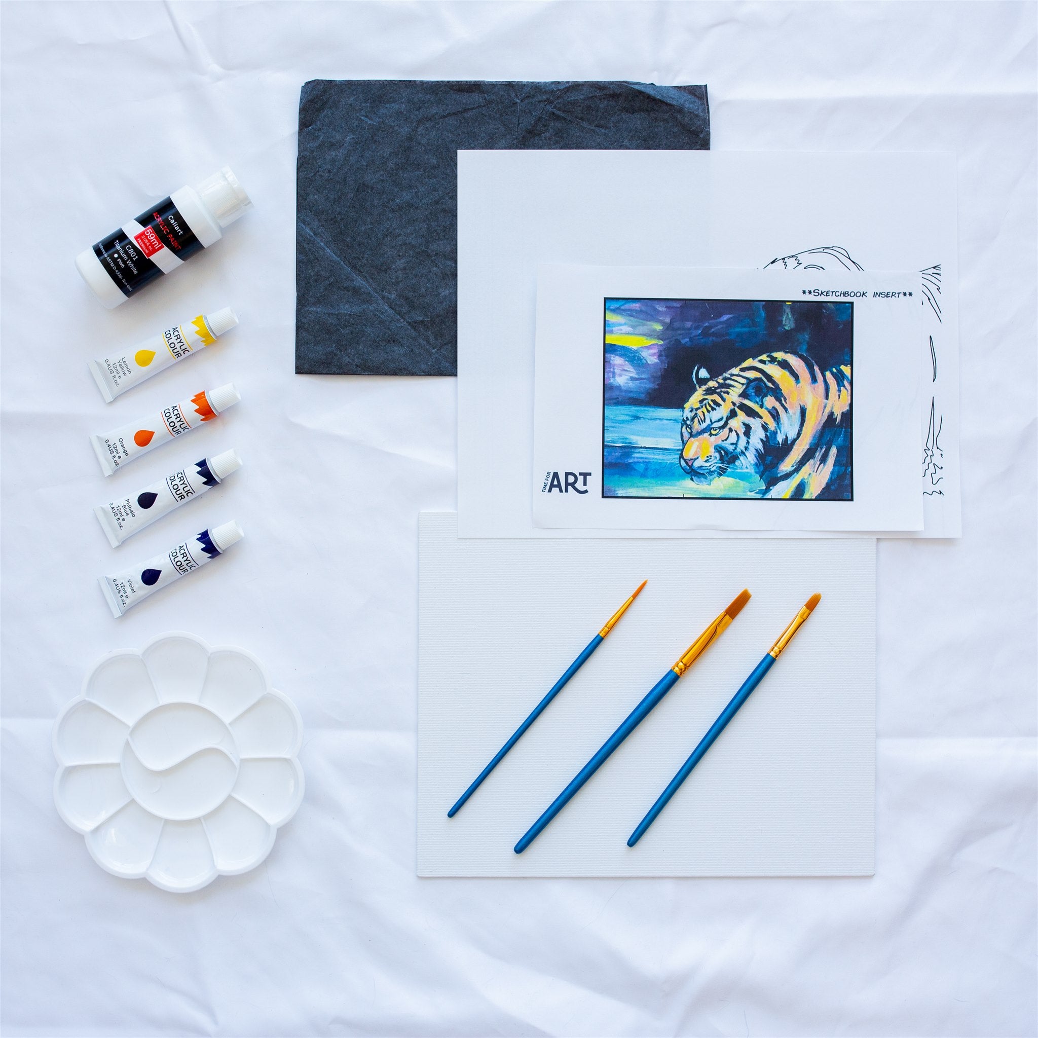 Whats included in the Tiger King Abstract painting kit. 4 acrylic paints, painters pallet, brushes, canvas panel, traceable outline, and reference image.