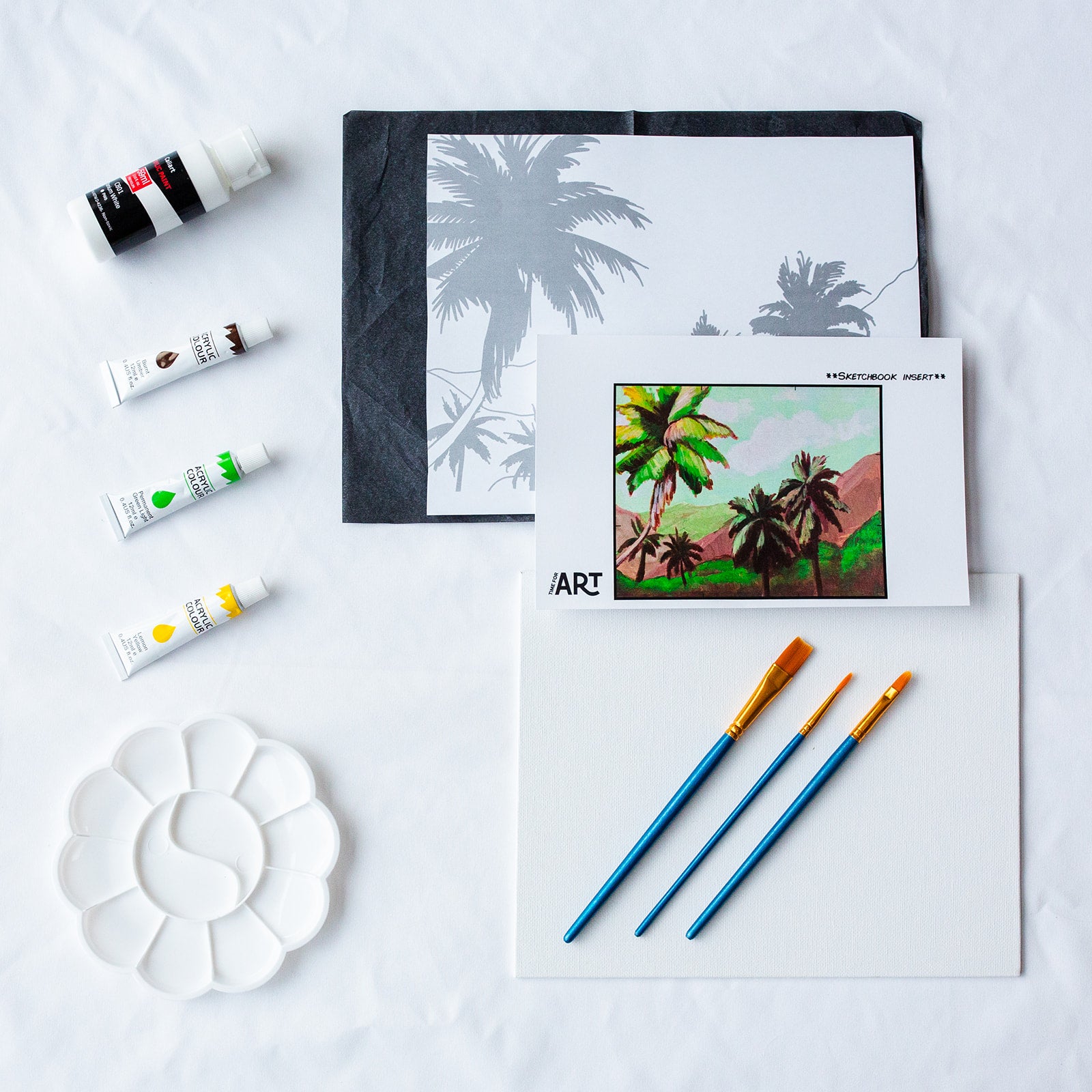 A picture of what is included in the Time For Art Retro O‘ahu Hawaii Painting Kit. The DIY Kit comes with 4 paints, a palette, the outline, brushes, canvas and more! 