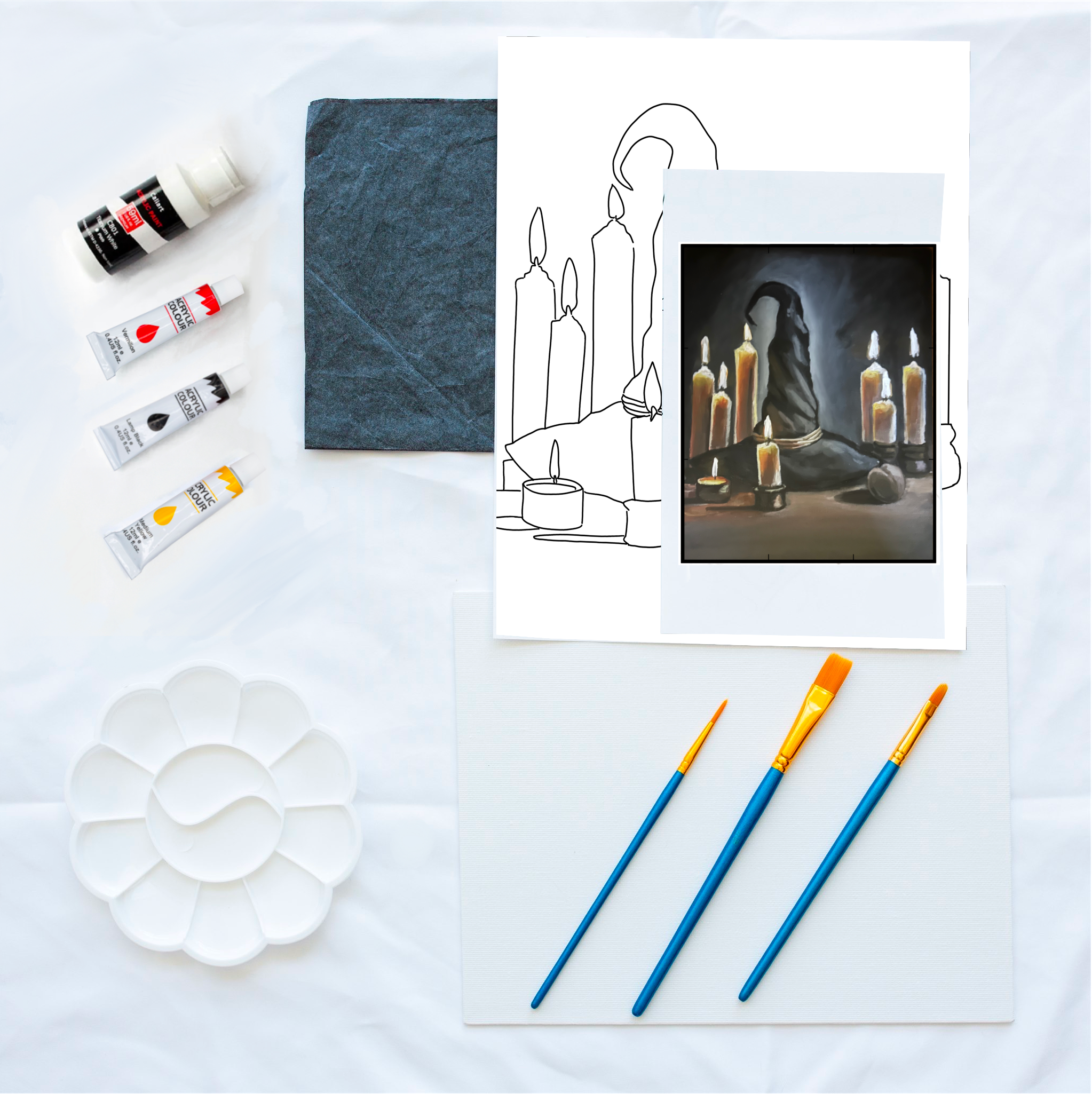 inlucludes paint, paint brushes, palette, reference card, graphite paper, outline, canvas