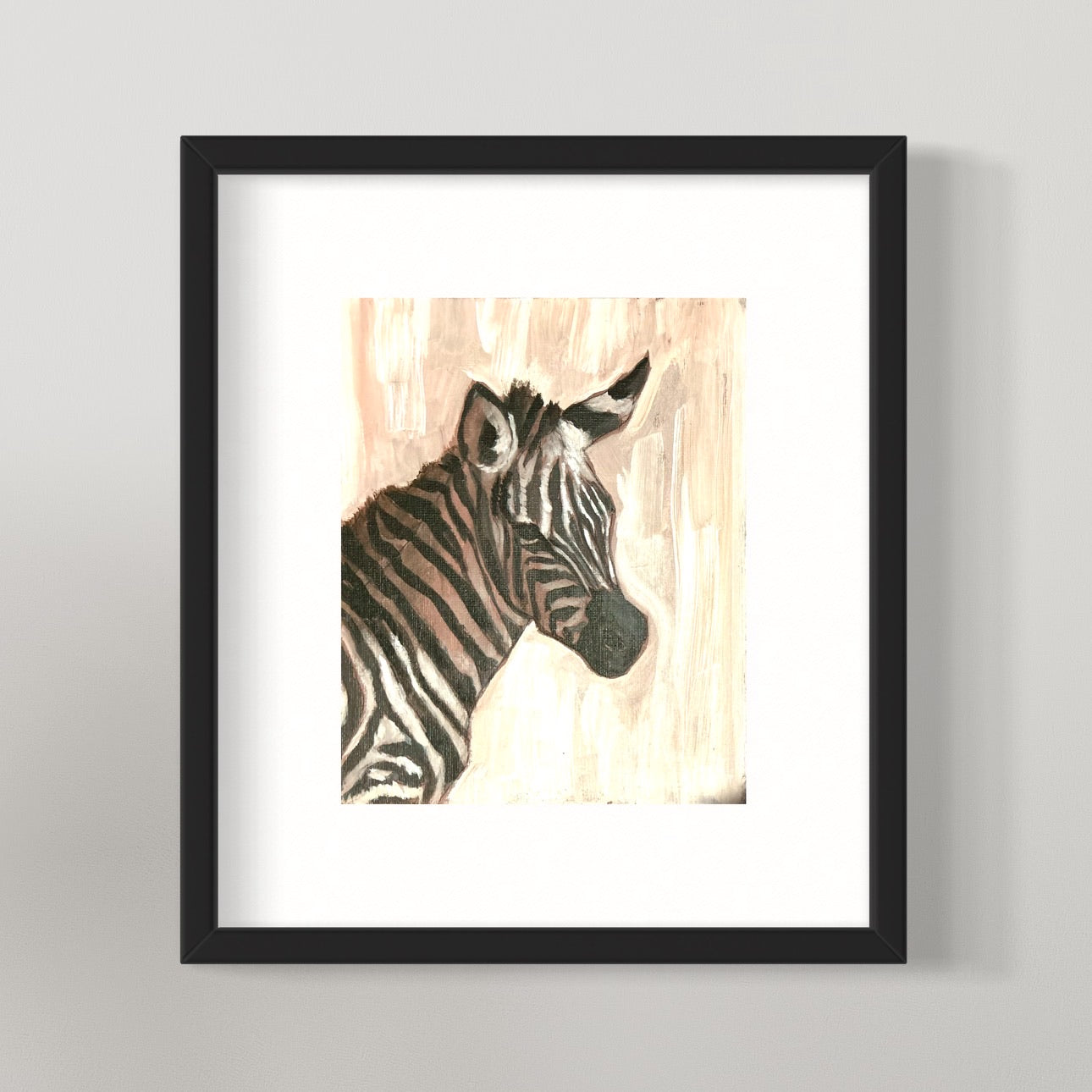 Framed zebra painting.